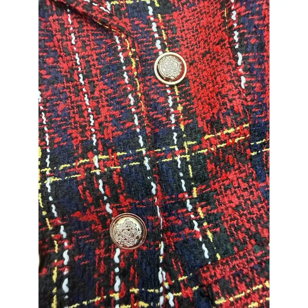 NWOT Red Plaid Tweed Blazer Gold Buttons Double Breasted Women XL - Picture 3 of 7